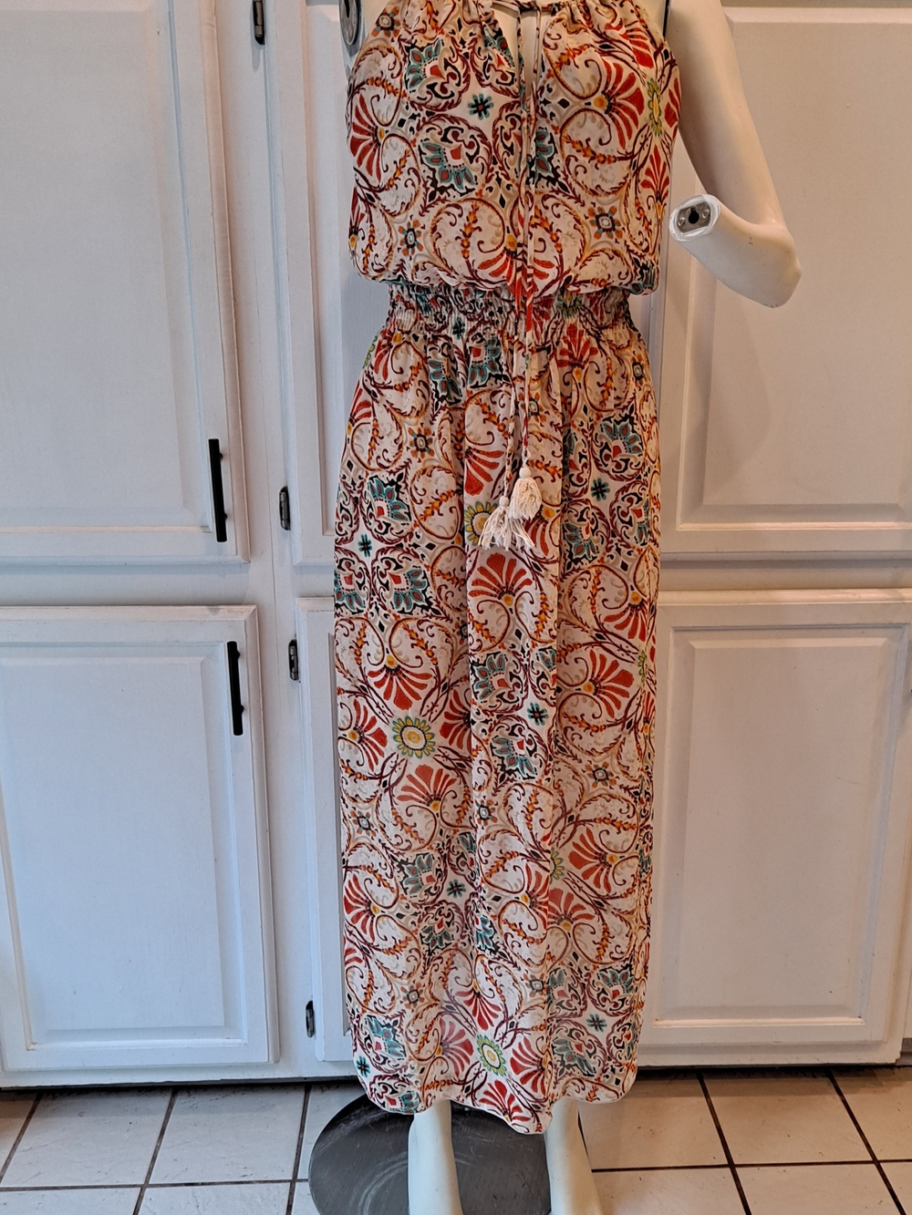 Enfocus Studio Cream Floral Boho Paisley Maxi Dress Orange Teal Accents